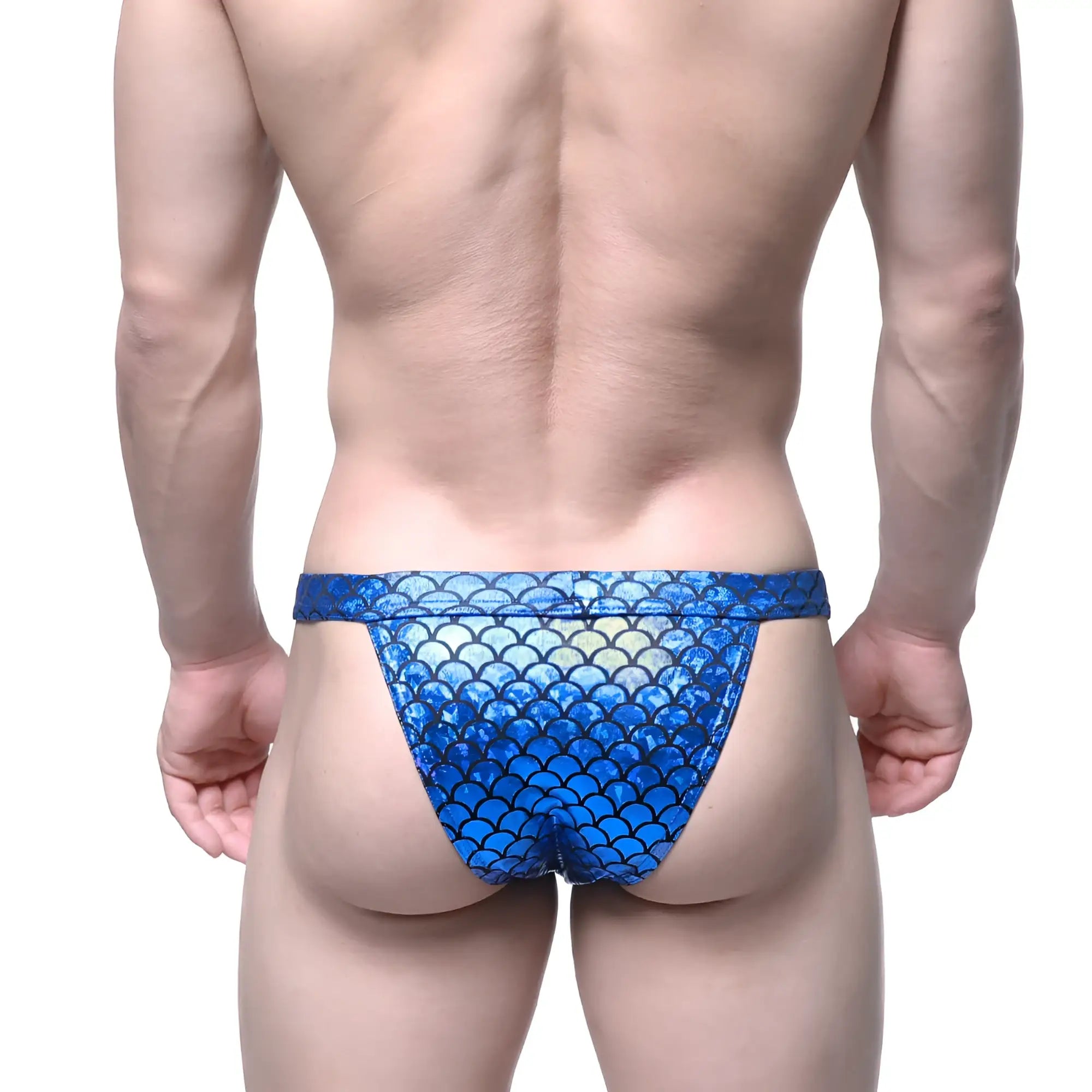 MetroMaleWear royal blue Brazilian bikini swim briefs with a blue mermaid-scale pattern for stylish swimwear