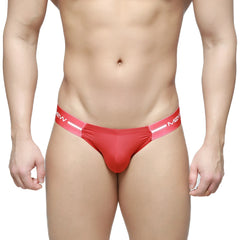 Red metro male wear brief 2.0 with pink waistband white mew branding and stripes in men’s underwear design