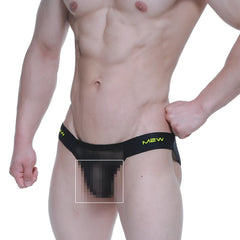 Black mew brand MetroMaleWear Brief 2.0 tull 3603-70 thong with mesh front panel and neon yellow logo waistband