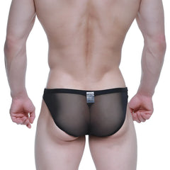 Black sheer mesh briefs with a solid black waistband metroMalewear brief 2.0 tull 3603-70 front view
