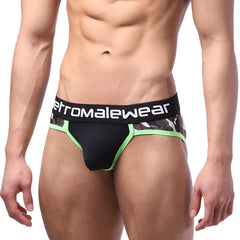 Black and neon green camouflage briefs with branded waistband from MetroMaleWear bright brief green 6106-38