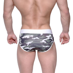 MetroMaleWear bright brief green camo gray and white camouflage patterned briefs with solid white waistband front view
