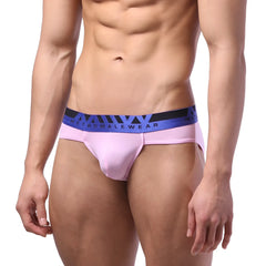 Pink men’s briefs with blue and black metromalewear elastic waistband metroMalewear bright brief pink 6106-02