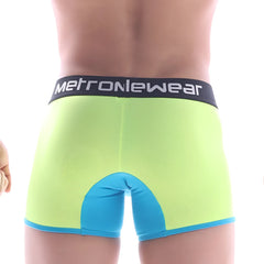 Bright neon green and blue metro male wear boxer briefs with black waistband and white brand name lettering