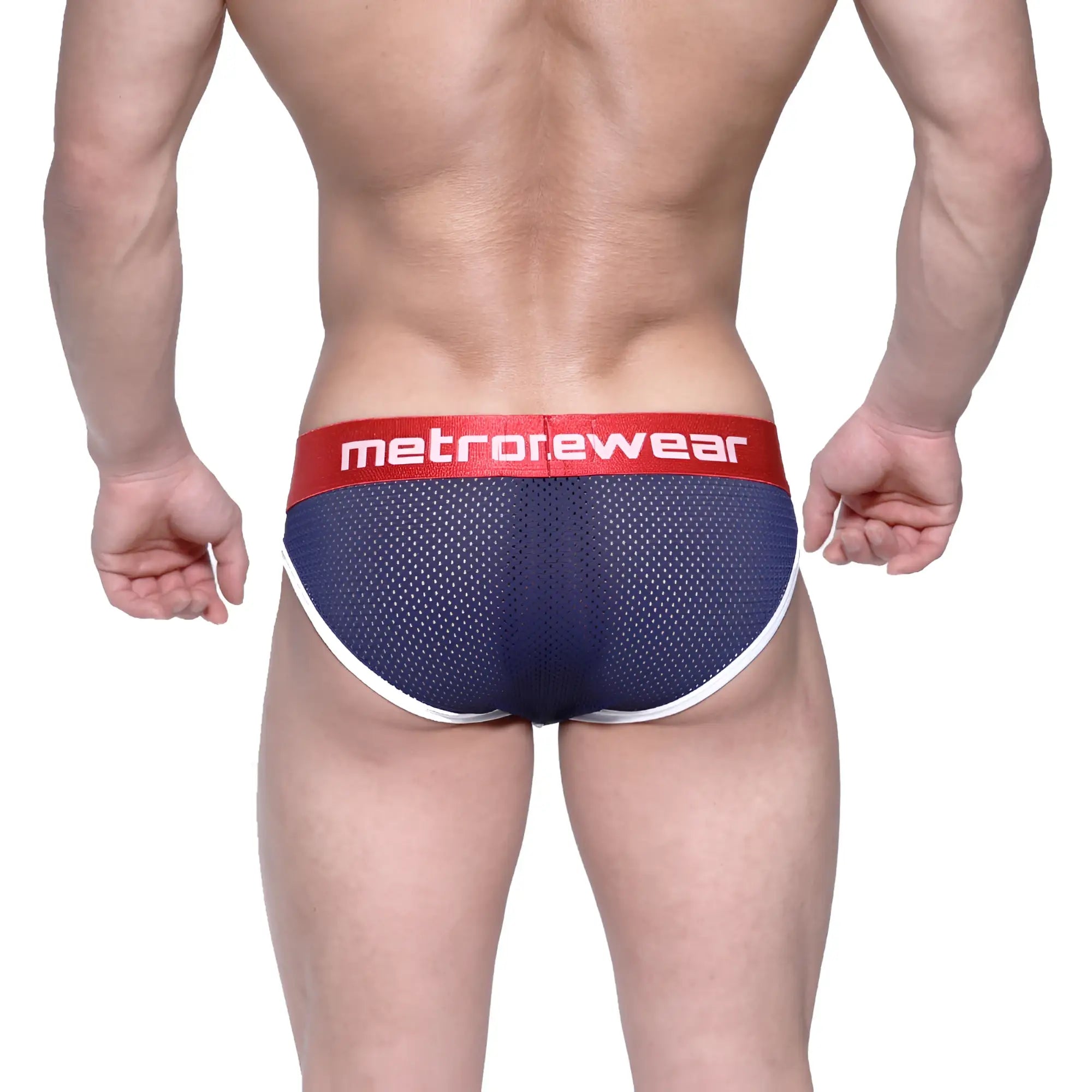 MetroMaleWear Bruno brief dark blue mesh with red metrorewear waistband and white trim along edges