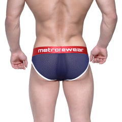 MetroMaleWear Bruno brief dark blue mesh with red metrorewear waistband and white trim along edges