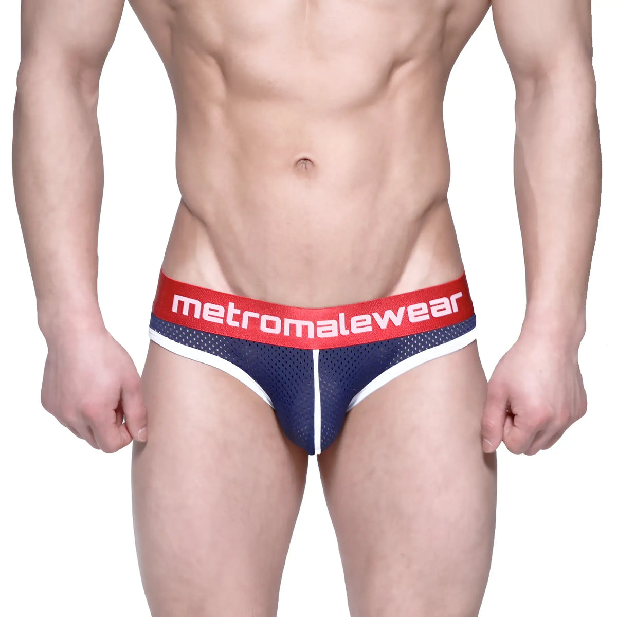 Navy blue mesh metro malewear bruno brief with red waistband and white trim for comfortable daily wear