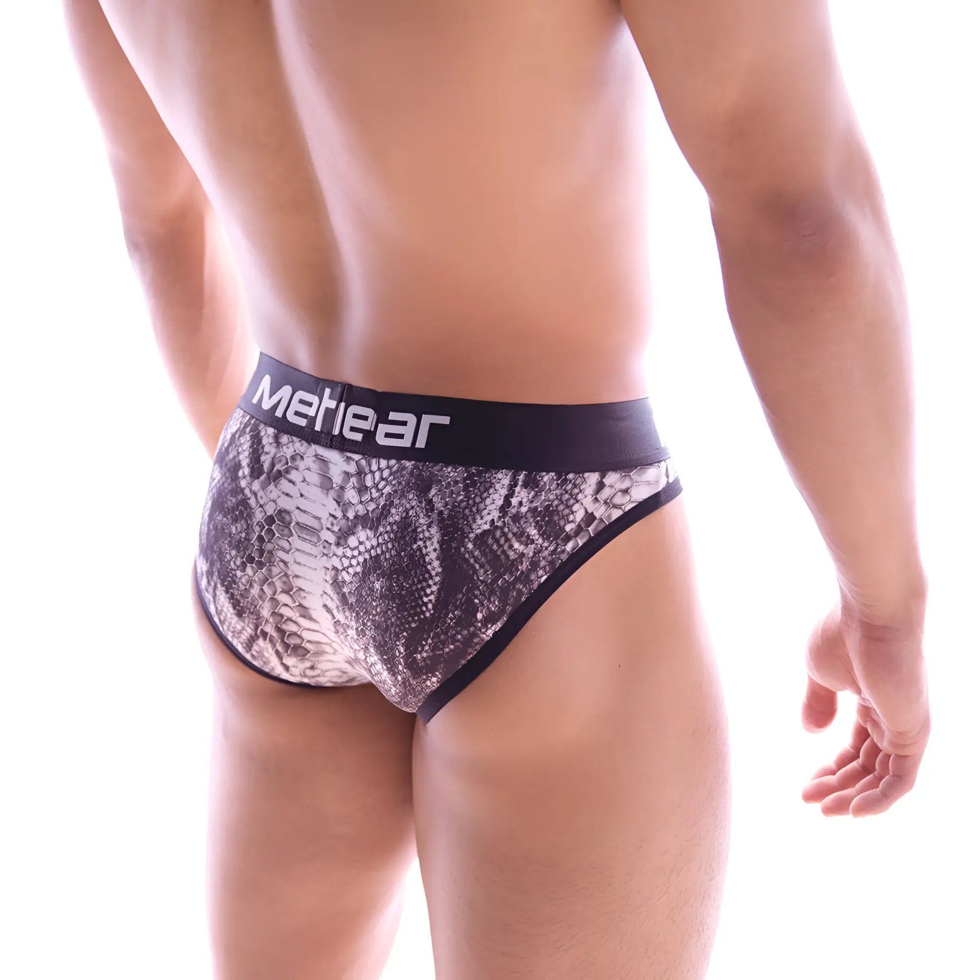 Black and gray snake-scale patterned men’s briefs with black waistband featuring mehear logo from MetroMaleWear Bruno 2803-60