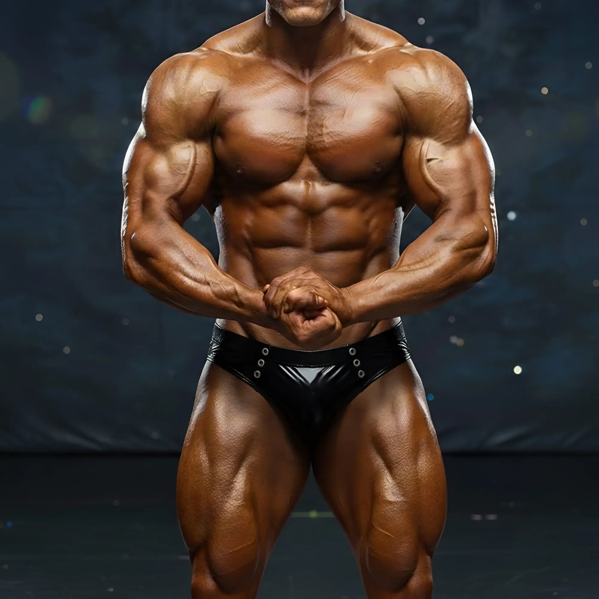 A muscular bodybuilder wearing black shiny MetroMaleWear BSD swim briefs with silver grommets in front view