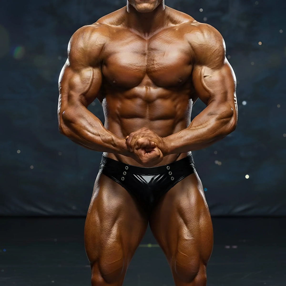 A muscular bodybuilder wearing black shiny MetroMaleWear BSD swim briefs with silver grommets in front view