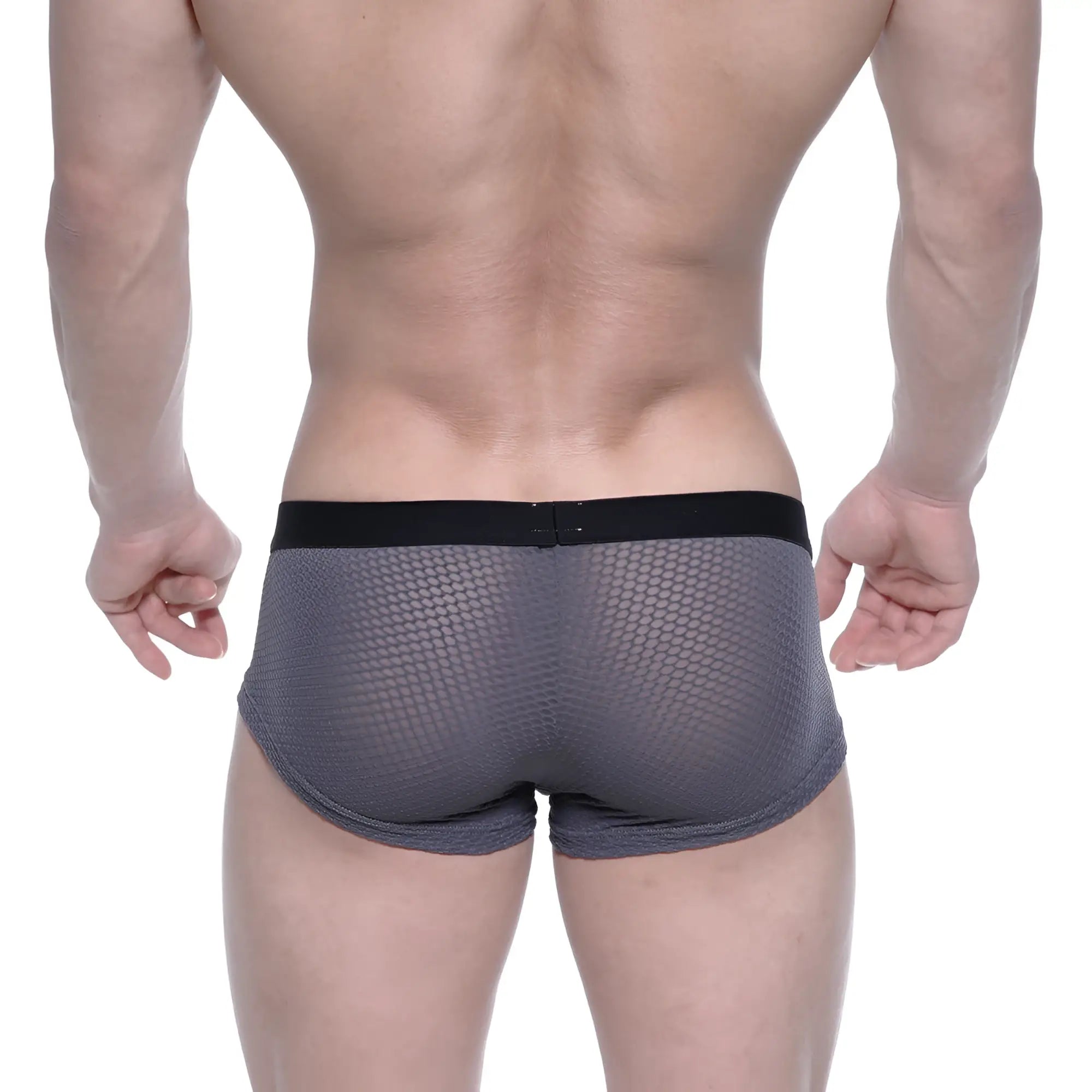 MetroMalewear bulge boxer gray mesh briefs with black elastic waistband showing front side design