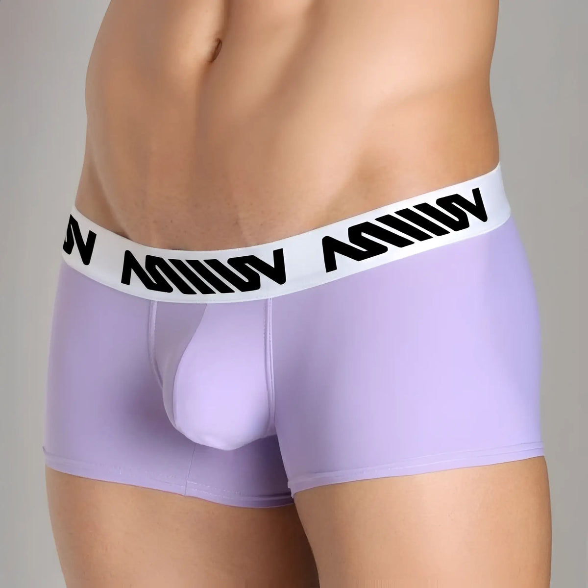 Lavender metro malewear bulge boxer briefs with white elastic waistband and black stylized lettering in polyester blend