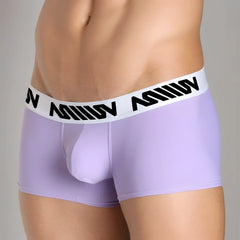 Lavender metro malewear bulge boxer briefs with white elastic waistband and black stylized lettering in polyester blend