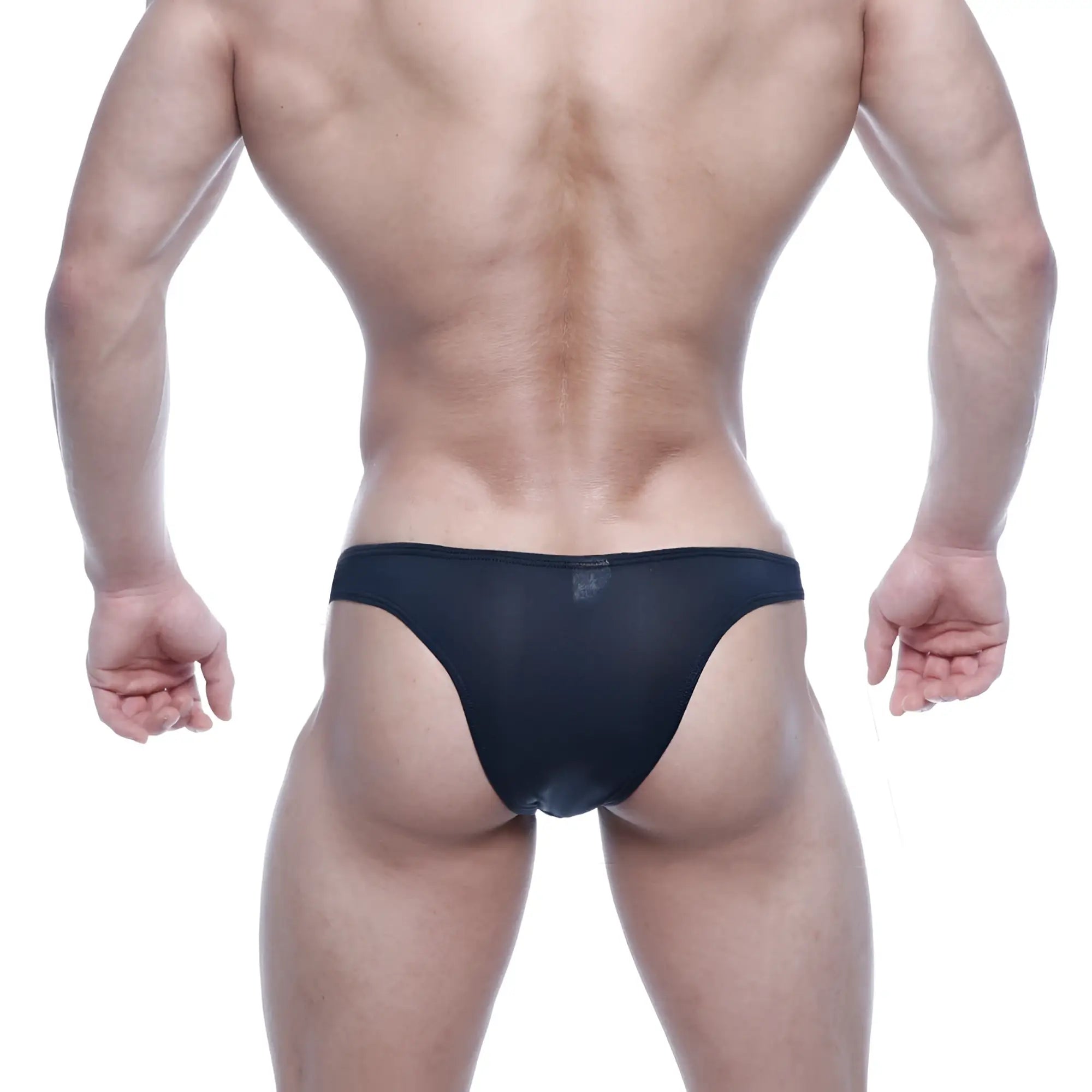 MetroMalewear bulge capri bikini briefs in black sheer mesh showing the front side
