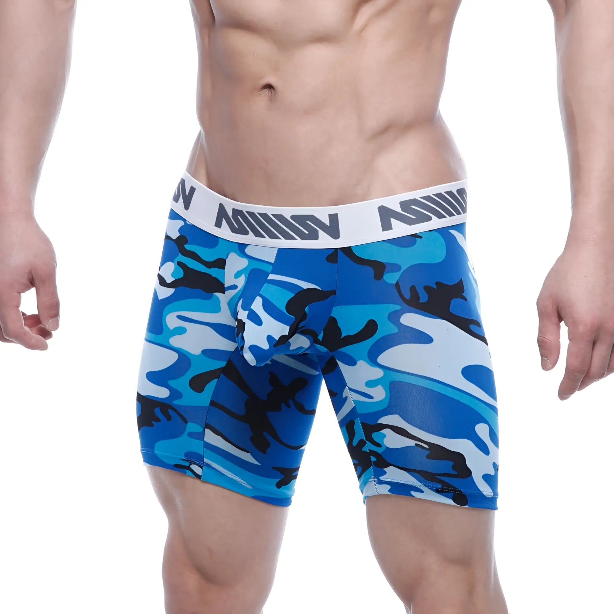 Blue and black camouflage mens boxer briefs with white elastic waistband and million branding metroMalewear bulge midcut