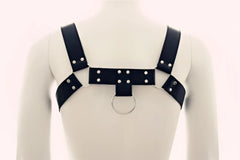 Black leather bulldog harness with silver metal studs and central ring by metromalewear model mh1