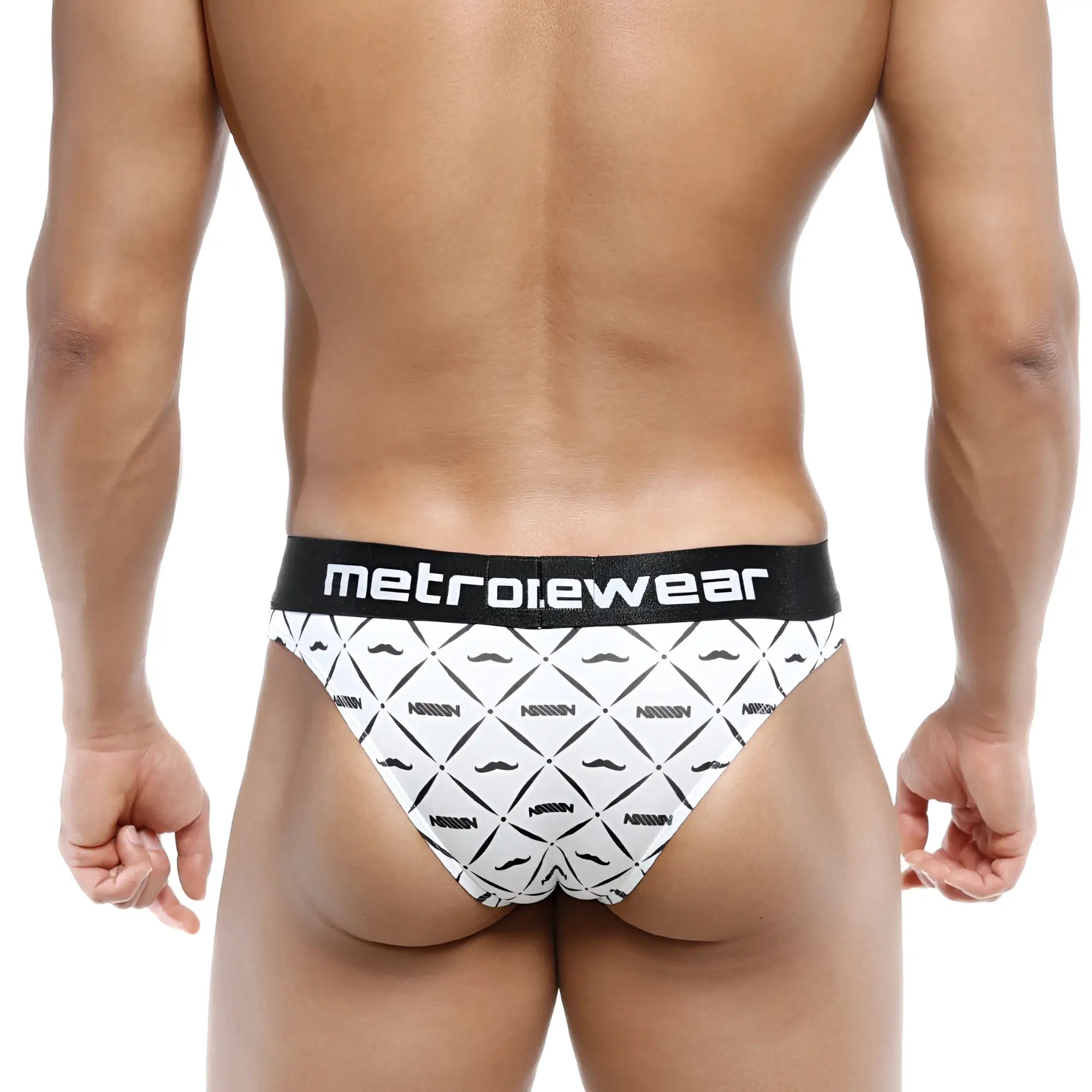White briefs with black mustache pattern and metroewear branded waistband shown from the back side