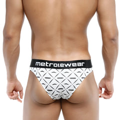 White briefs with black mustache pattern and metroewear branded waistband shown from the back side