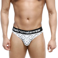 White briefs with black waistband featuring metromalewear logo and black mustache pattern front view