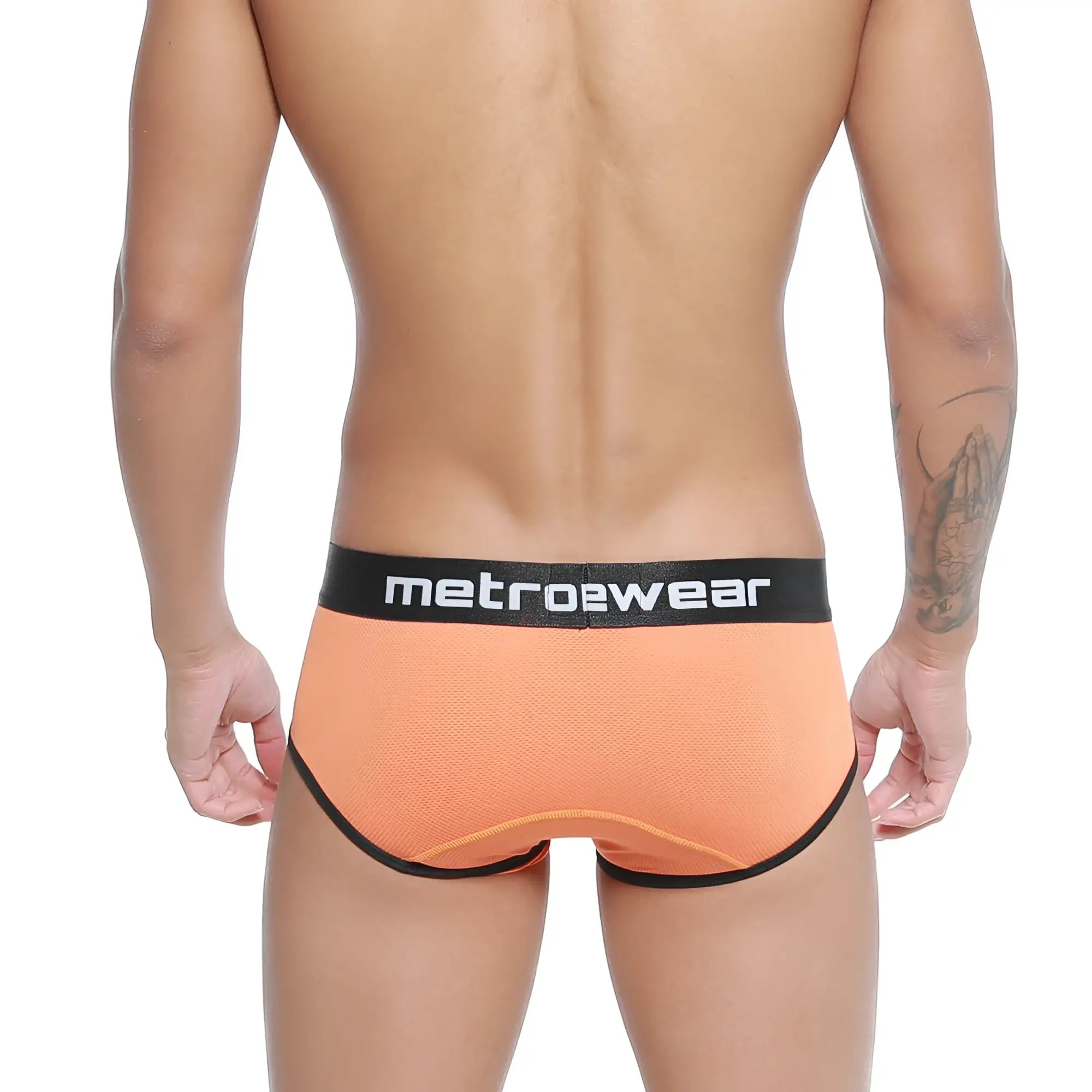 Orange mesh briefs with black elastic waistband and metrowear branding metroMalewear cairo brief 5106-14