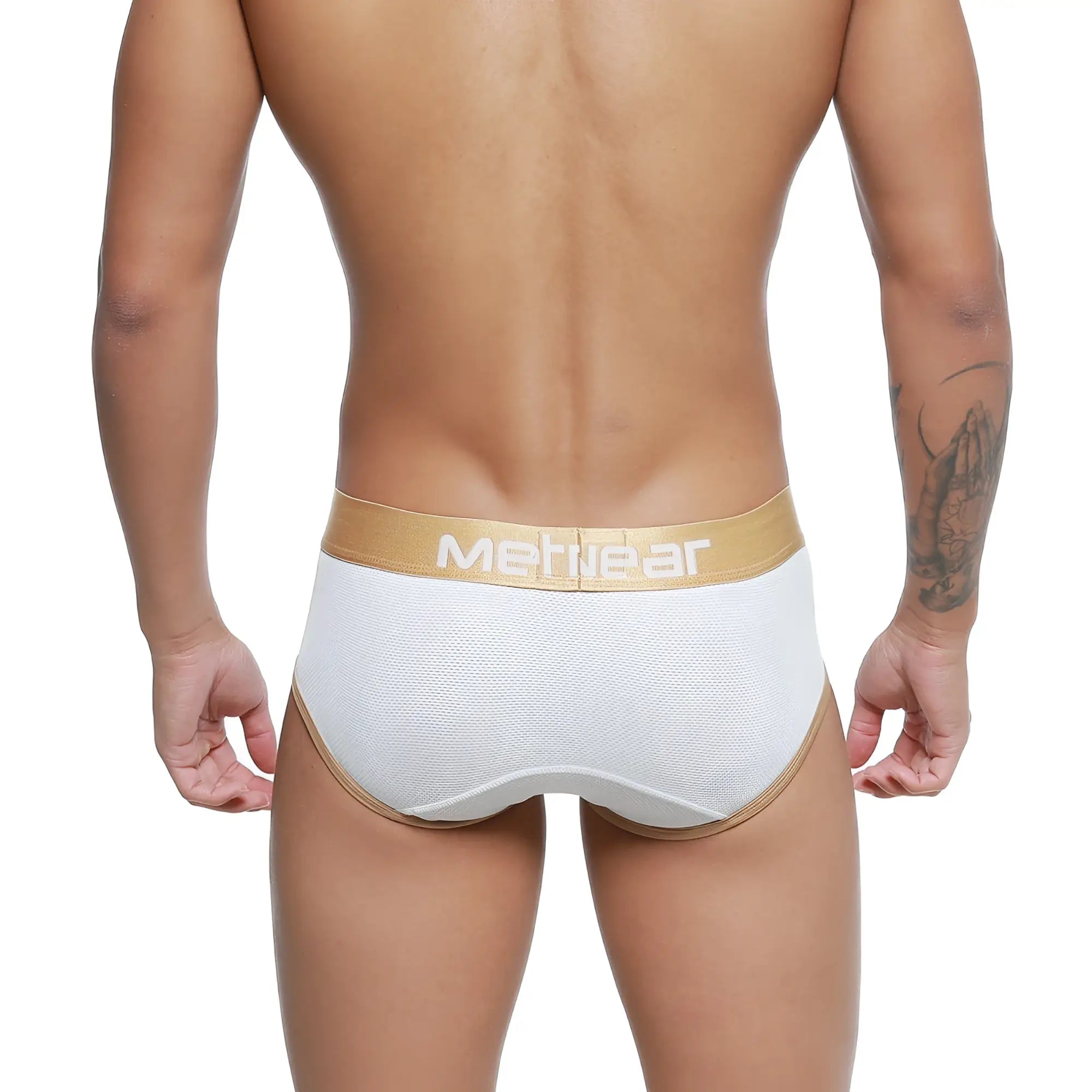 White MetroMaleWear Cairo brief 5106-00 with gold waistband and trim made from soft metwear fabric