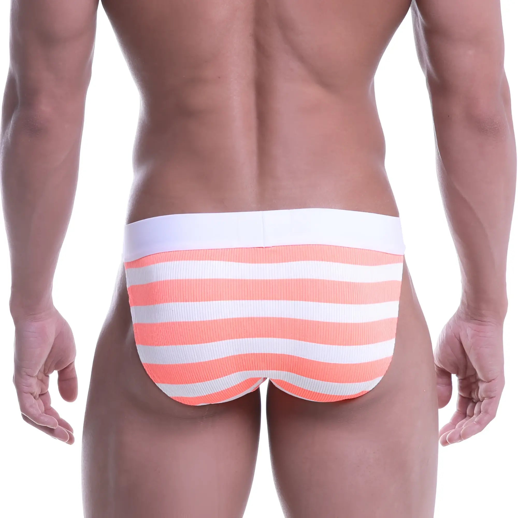 Coral and white striped ribbed briefs from metromalewear designed as neon orange bikini underwear for men