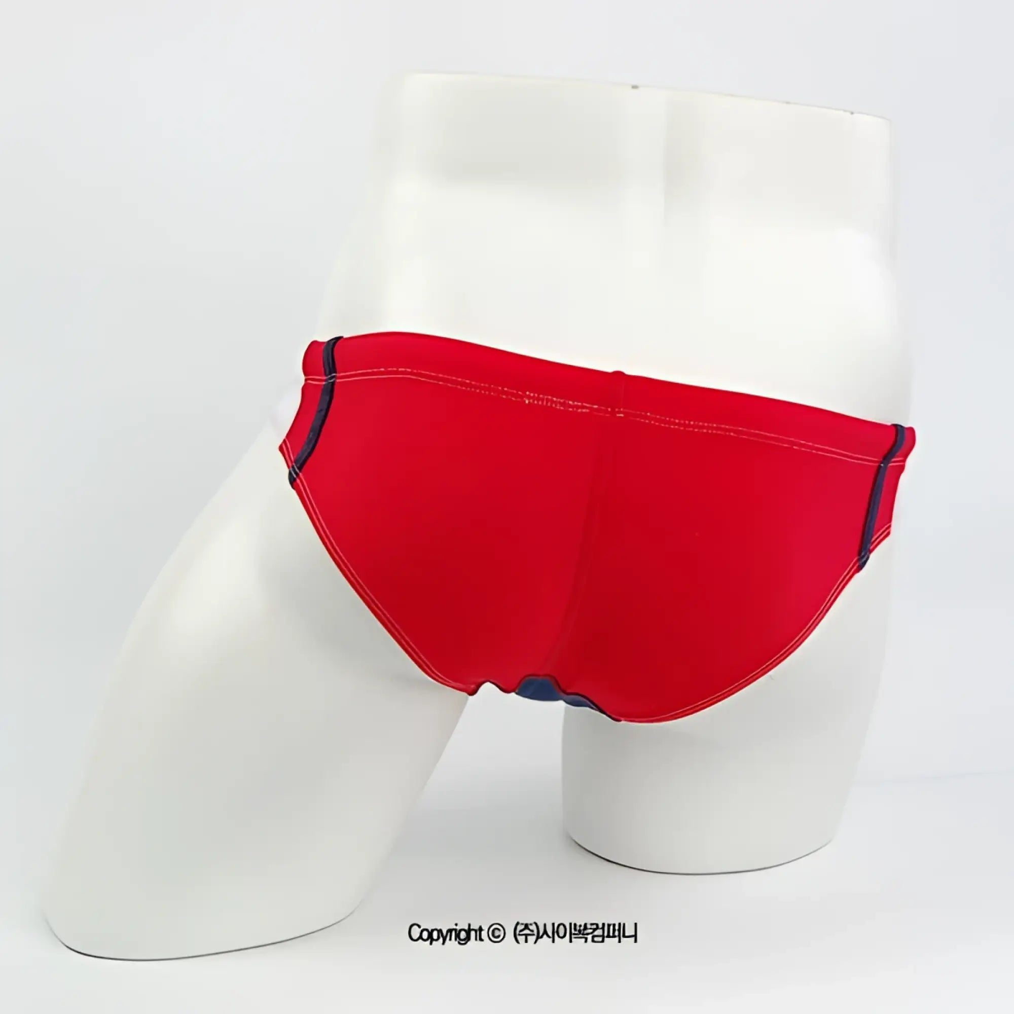 Red swim bikini from metroMalewear california featuring navy blue trim and stitching, model 4921-12