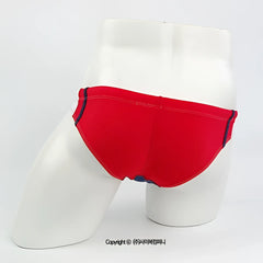 Red swim bikini from metroMalewear california featuring navy blue trim and stitching, model 4921-12