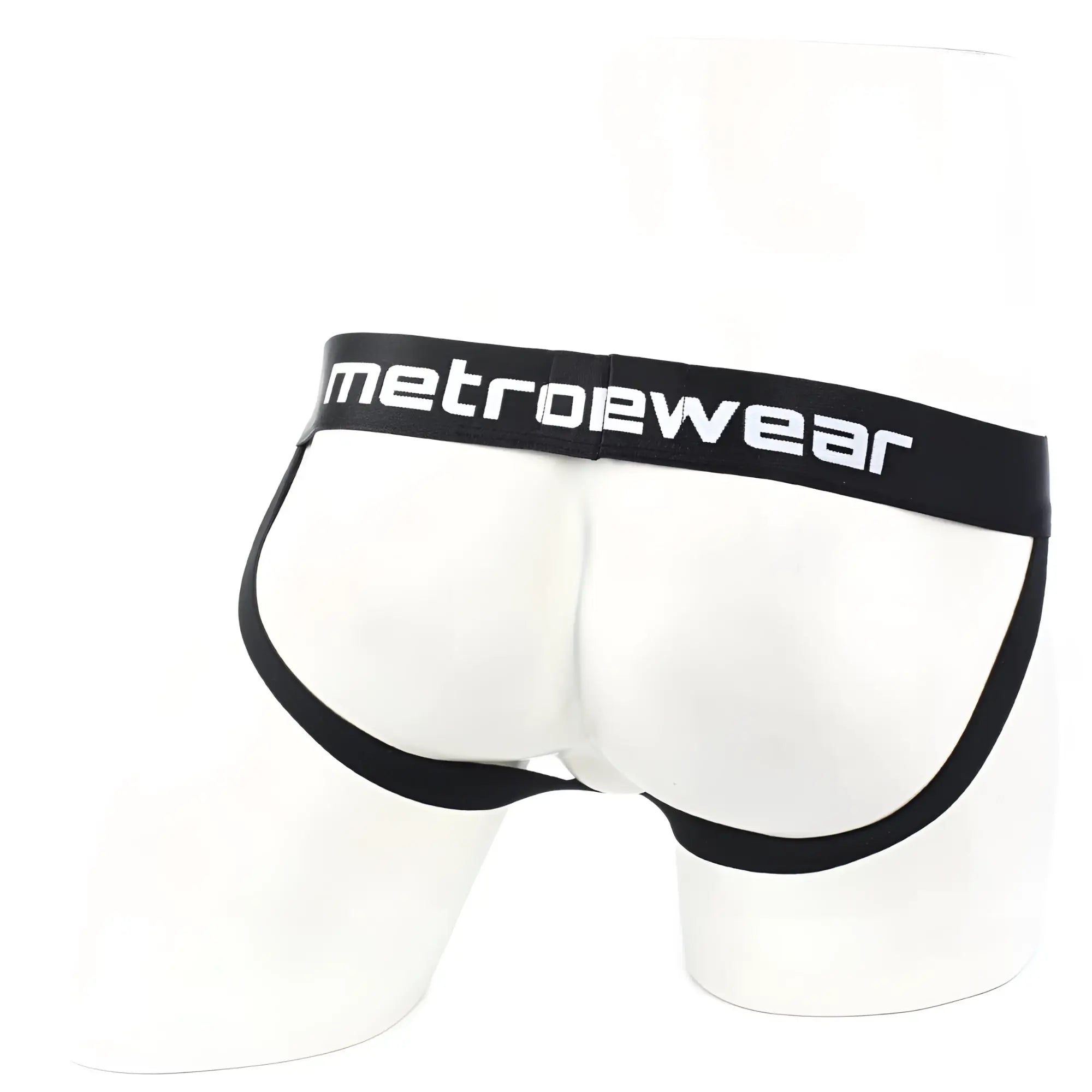 White metrowear briefs with black trim and waistband featuring metroMalewear branding in white lettering