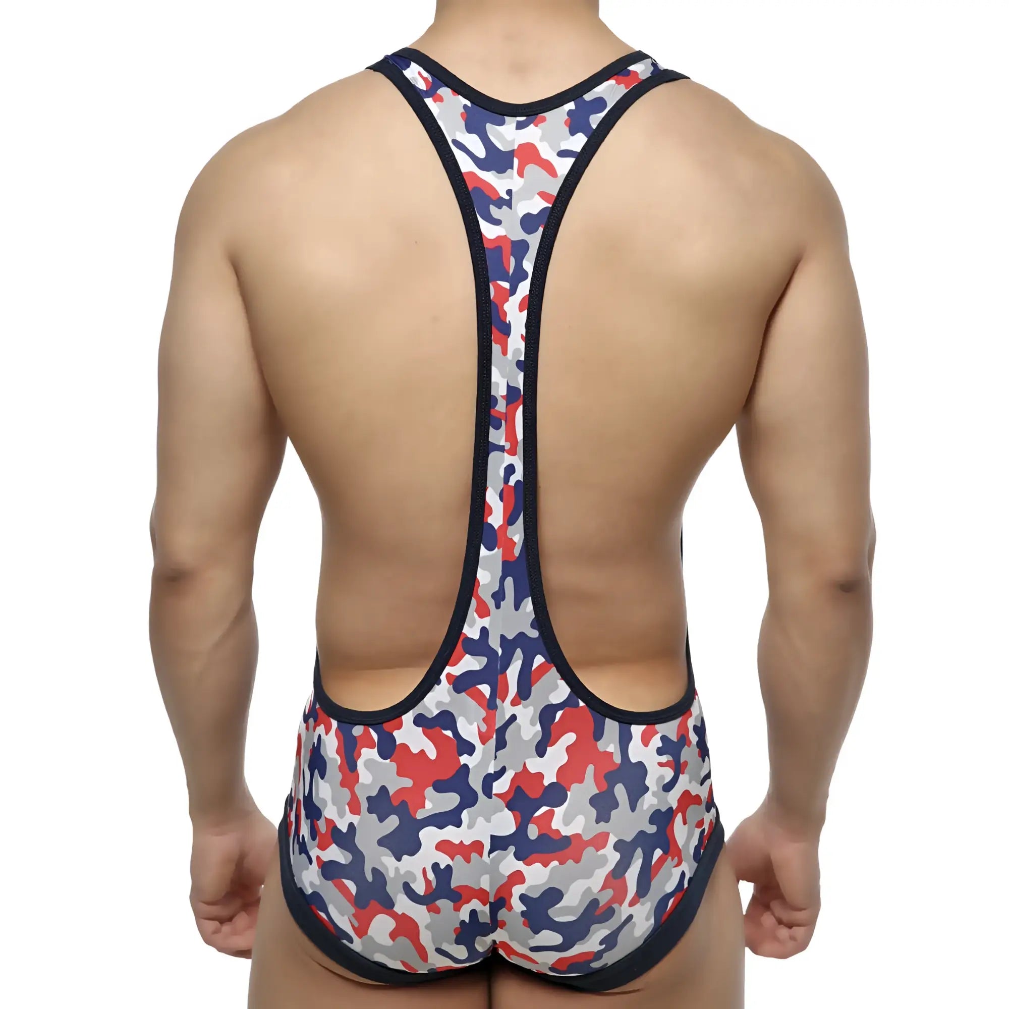 MetroMaleWear camo red wrestler 2093-92 men’s one-piece swimsuit with red white navy blue camouflage and black trim
