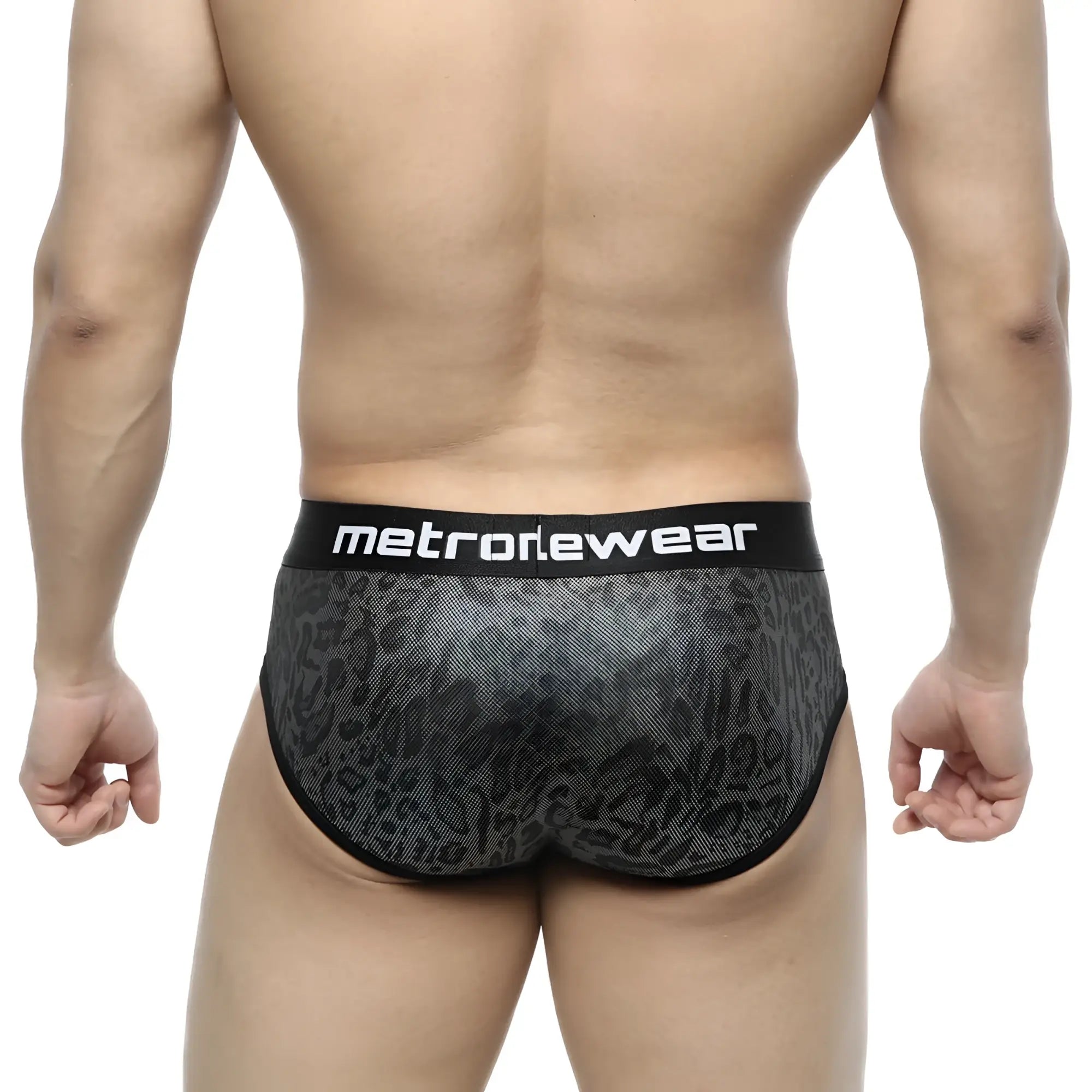 Black and gray leopard-print briefs with black metronewear waistband metroMalewear camouflage hip brief 5003-90