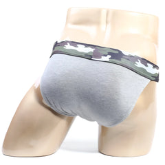 Gray athletic briefs with camouflage-patterned waistband from metromalewear camp bikini collection 3904-10