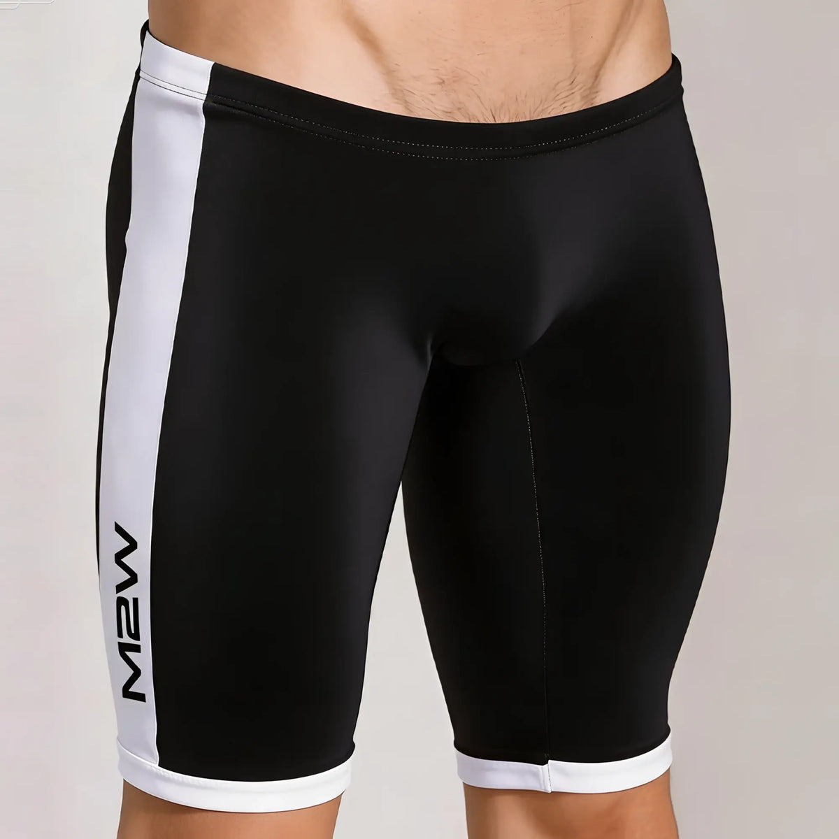 Black and white MetroMaleWear Campus Jammer athletic shorts with vertical white stripes and m2w branding on left leg
