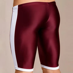 Maroon and white shiny form-fitting athletic shorts MetroMaleWear Campus Jammer Burgundy 4904-39 front view