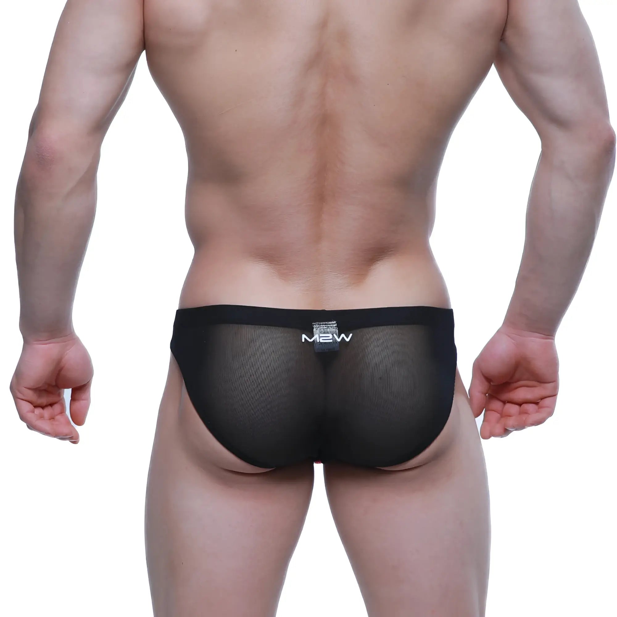 Black mesh MetroMaleWear Canal bikini briefs with subtle texture and white mew logo embroidered on the waistband
