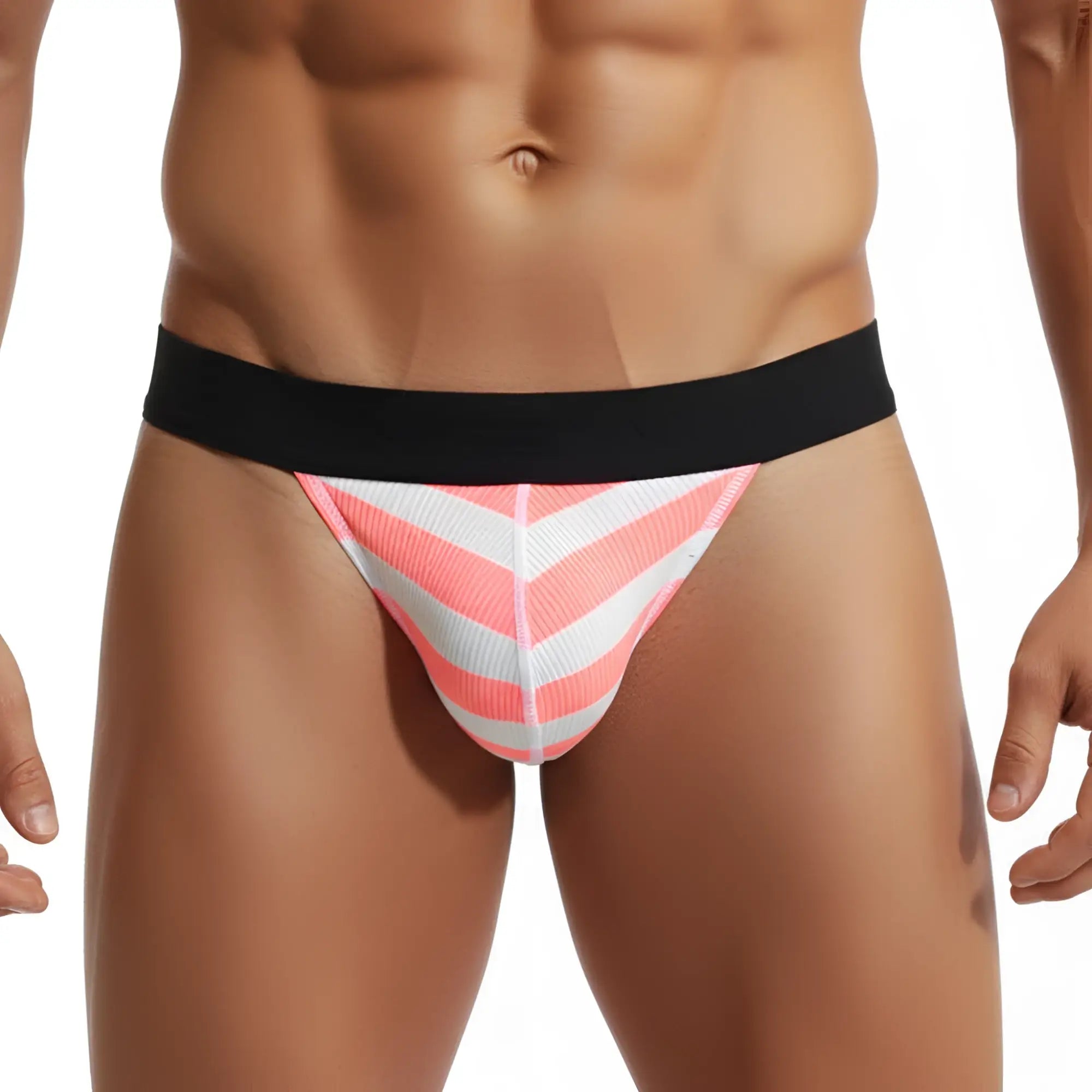 Pink and white chevron patterned briefs with black waistband from metromalewear candy bikini neon orange collection