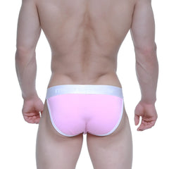 MetroMaleWear candy coated pink bikini briefs with white elastic waistband featuring brand name logo