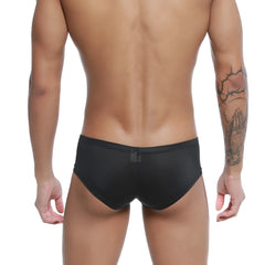 Back view of metromalewear cannon boxer black 2213-20 form-fitting swim trunks with subtle sheen and tag on waistband
