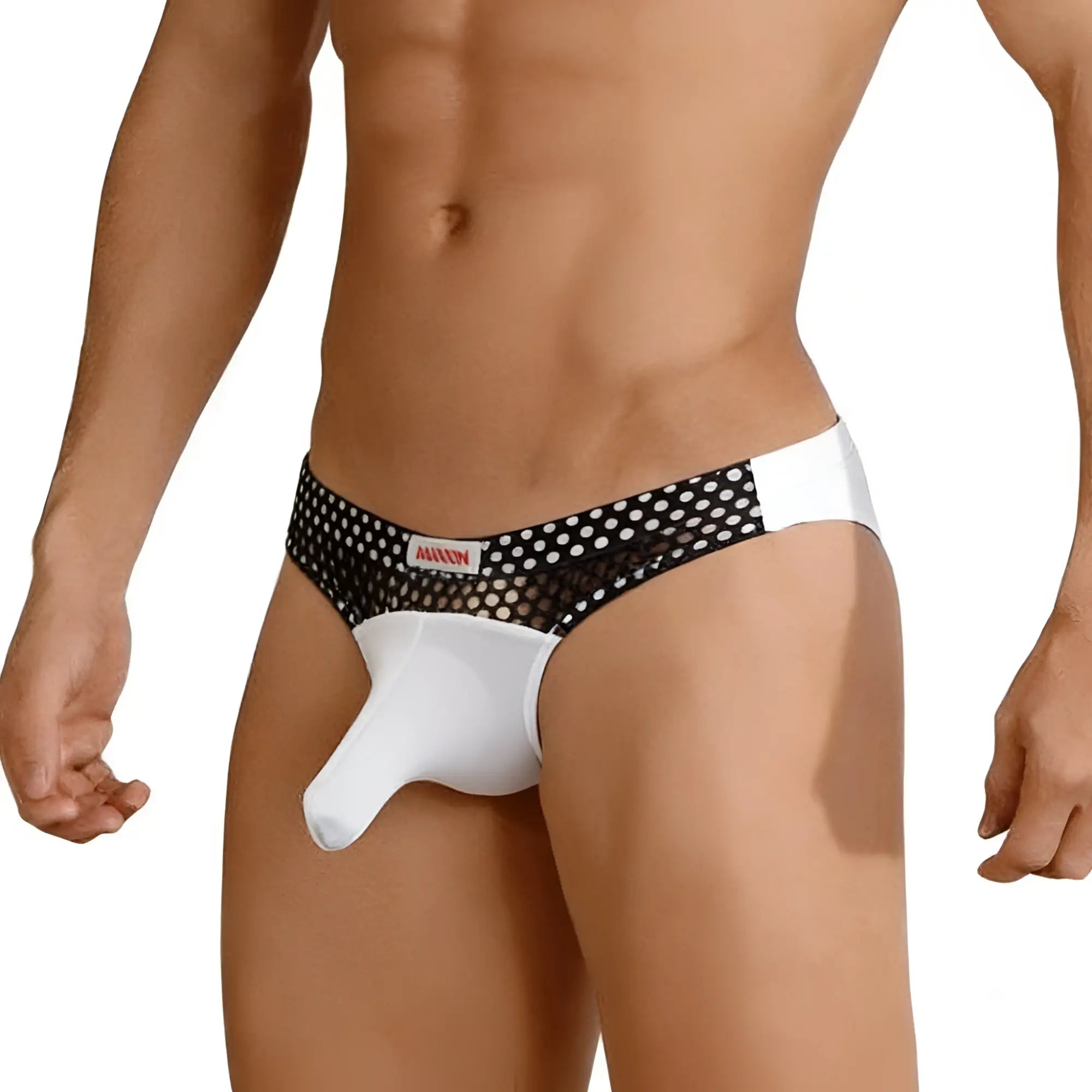 Black and white polka dot mesh brief with solid white front panel and mawon brand label on waistband metro male wear