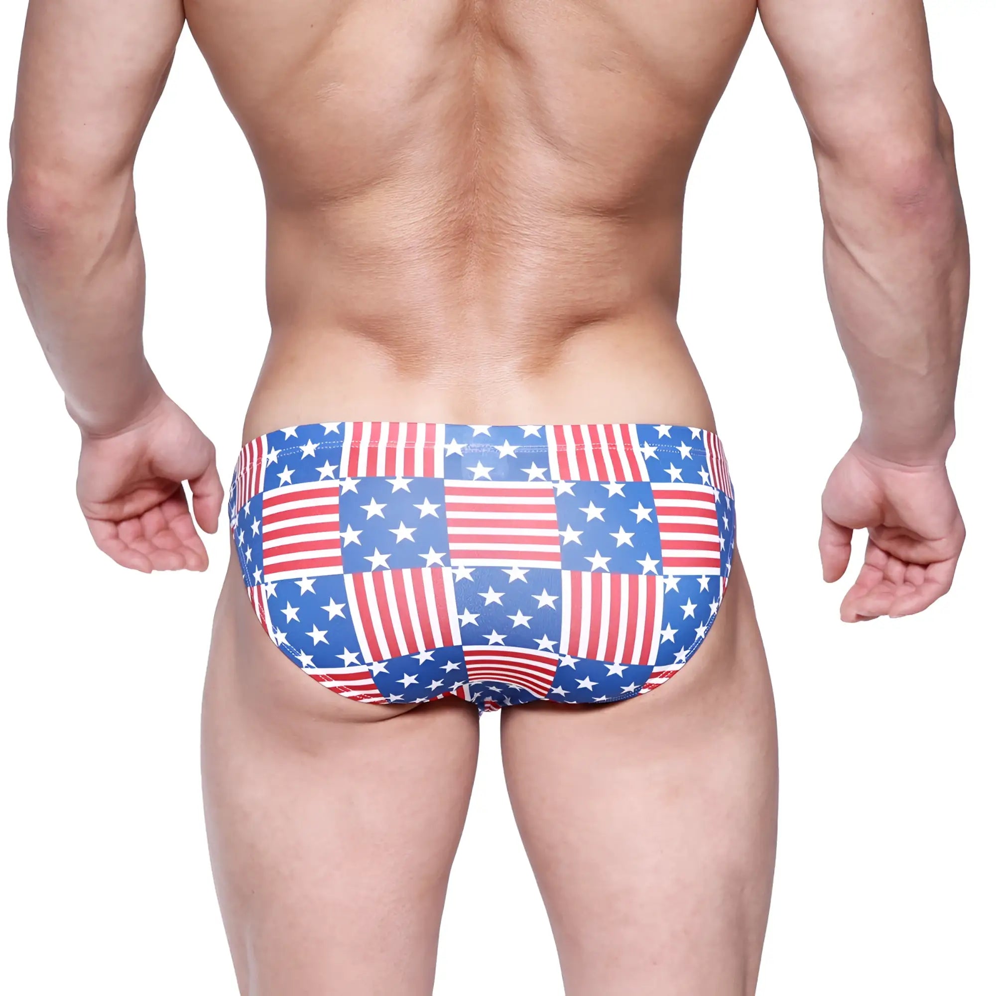 MetroMaleWear Cannon hip brief swim trunks in red white and blue patchwork american flag design