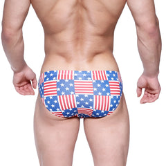 MetroMaleWear Cannon hip brief swim trunks in red white and blue patchwork american flag design