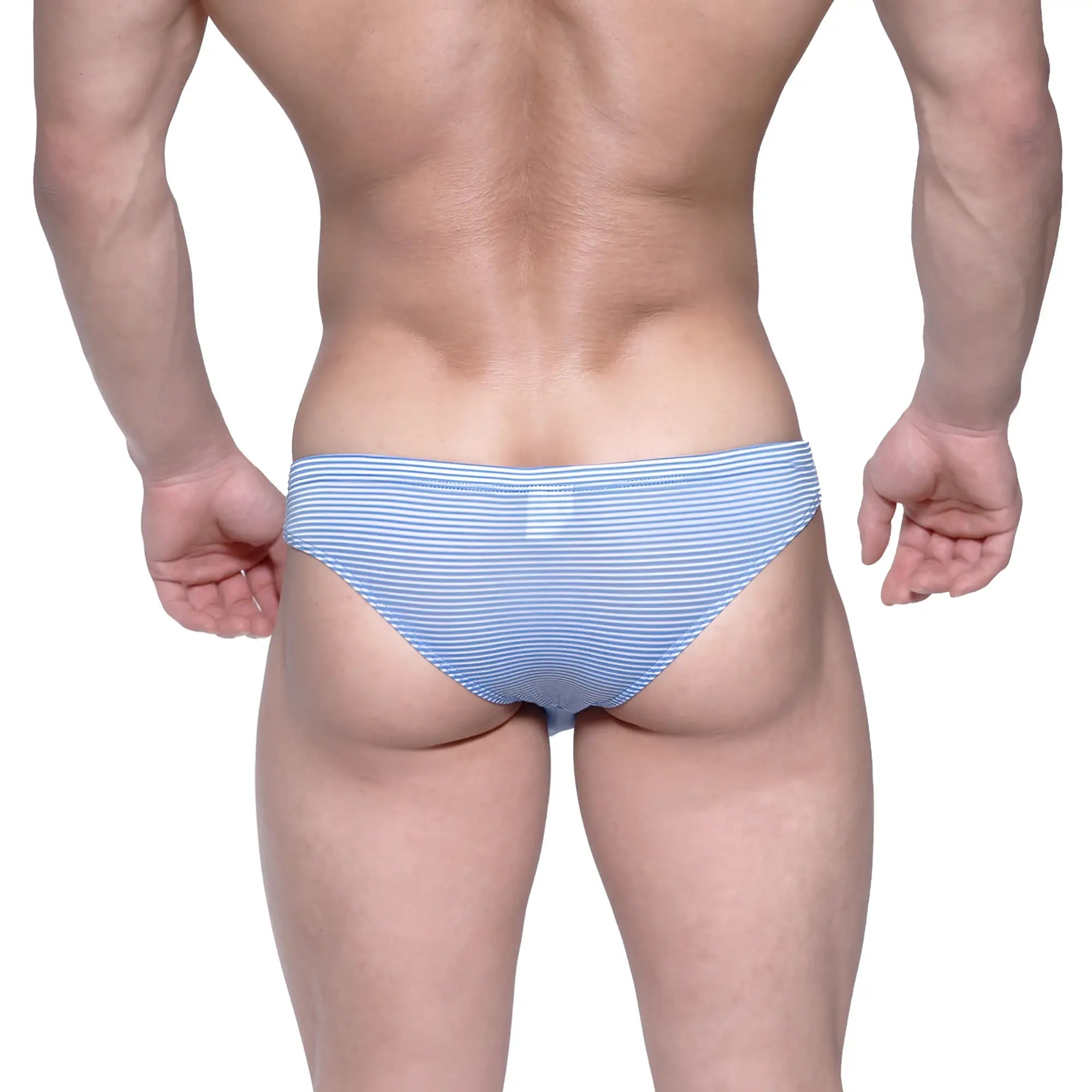 Light blue and white striped men’s briefs by metromalewear capri bikini style 6103-42 with comfortable fabric