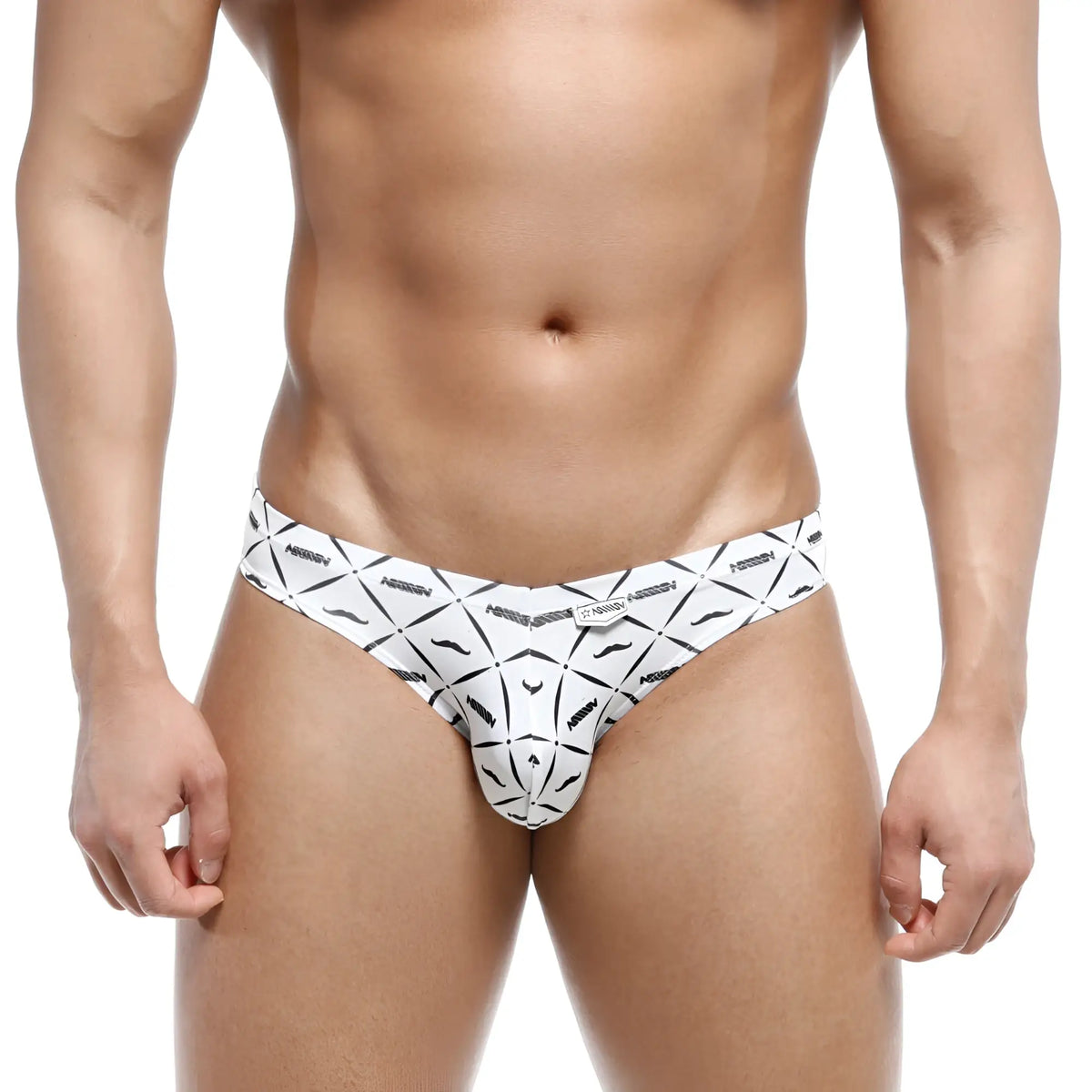 White men’s briefs metro malewear capri bikini caballero 6103-03 with bold black geometric pattern and stylized mustaches