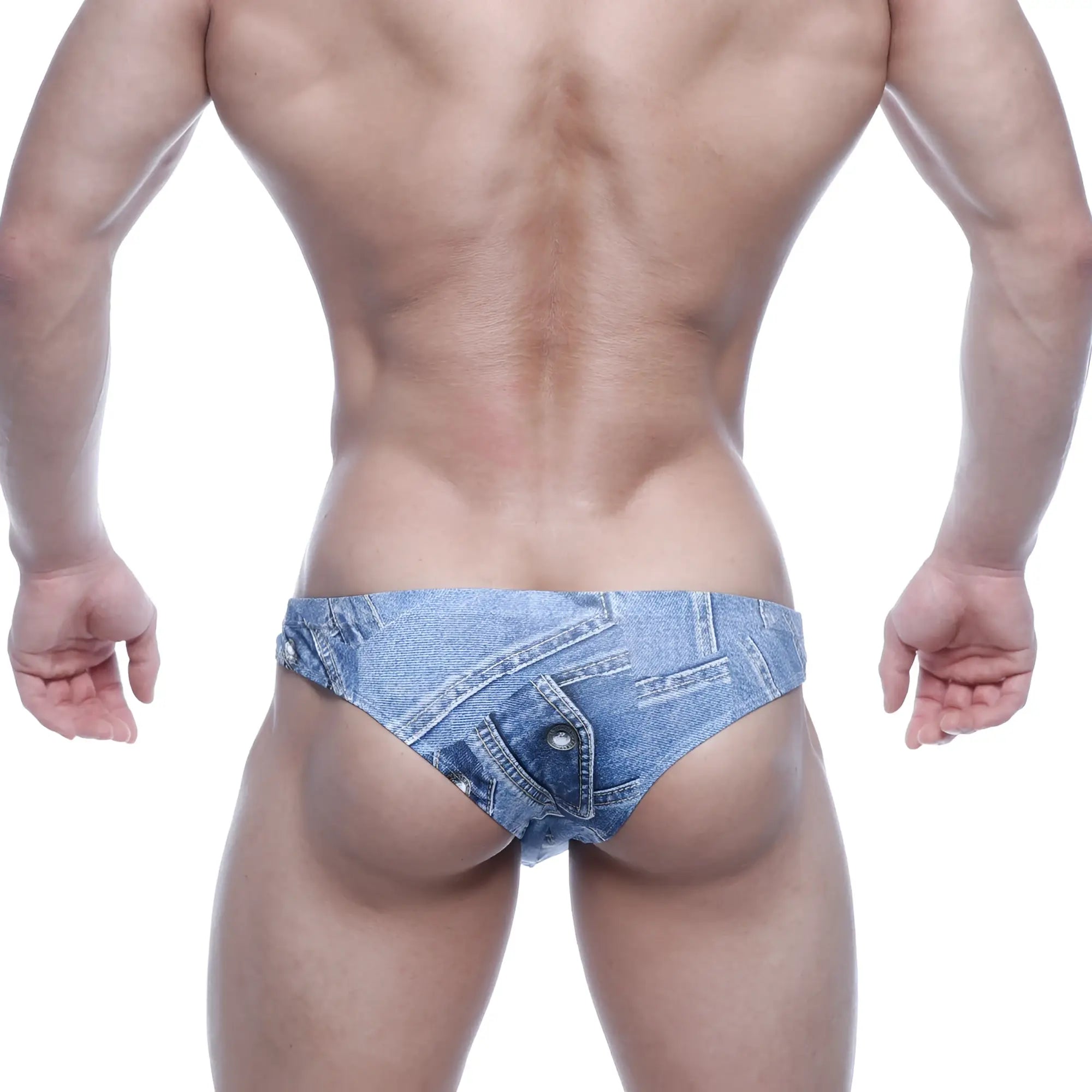 MetroMaleWear capri bikini briefs in denim blue with a blue denim pattern and faux pocket button detail