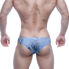 MetroMaleWear capri bikini briefs in denim blue with a blue denim pattern and faux pocket button detail
