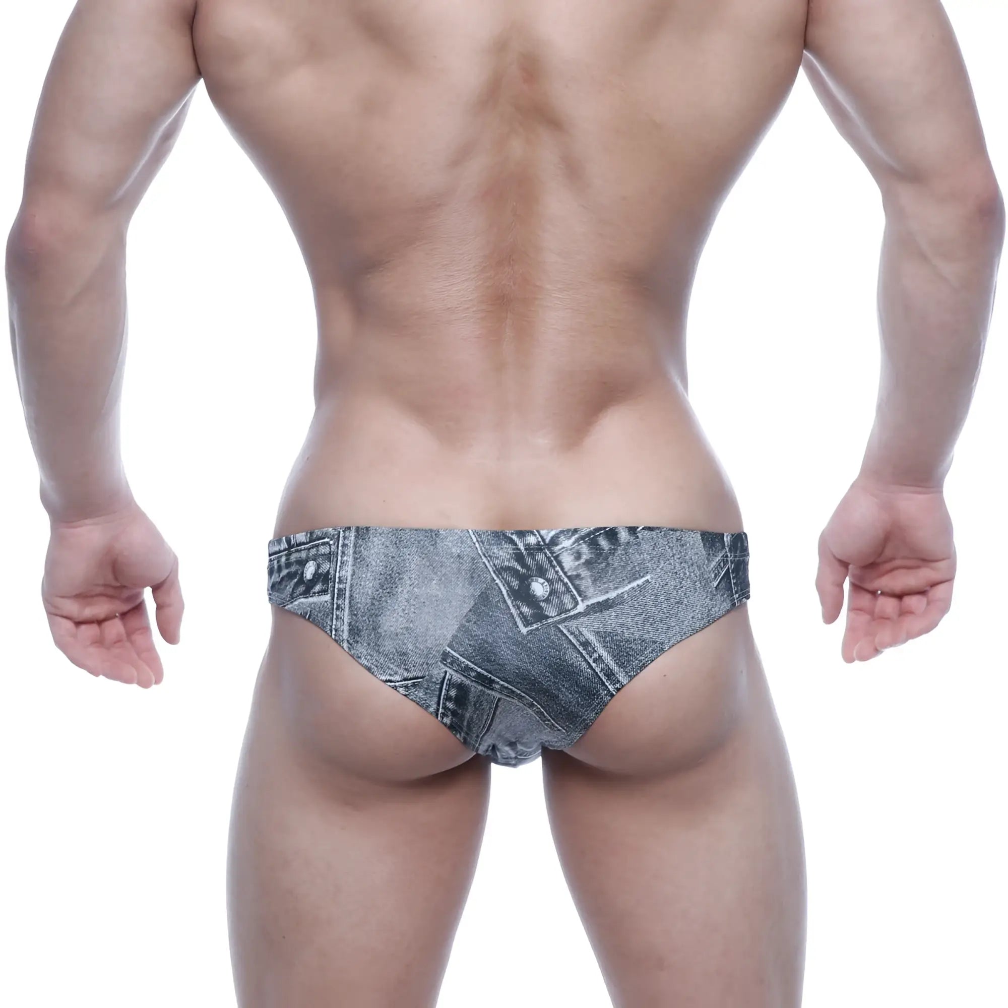 Denim-patterned swim trunks in faded blue-gray wash with stitched seams and button details metro malewear capri bikini