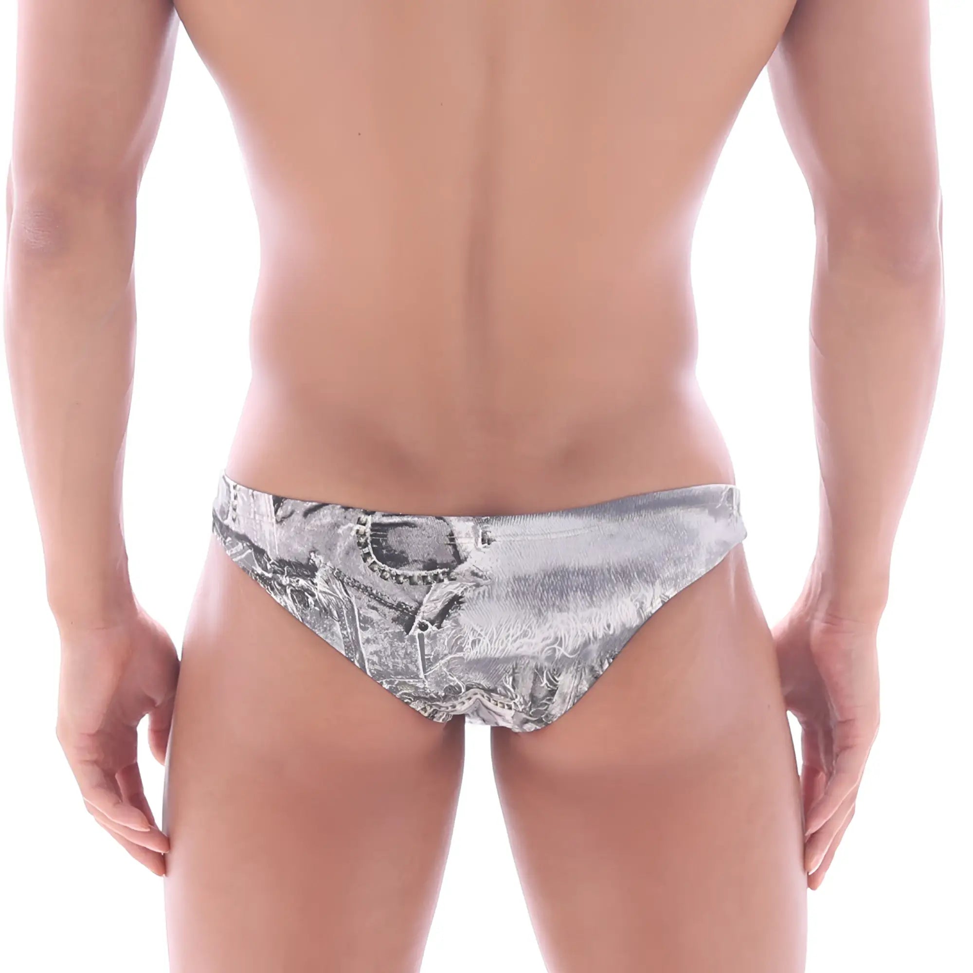 Gray and white patterned MetroMaleWear capri bikini swim trunks with detailed vintage currency design in denim grey