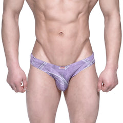 Purple denim-patterned metro male wear capri bikini briefs with subtle texture and small red brand tag