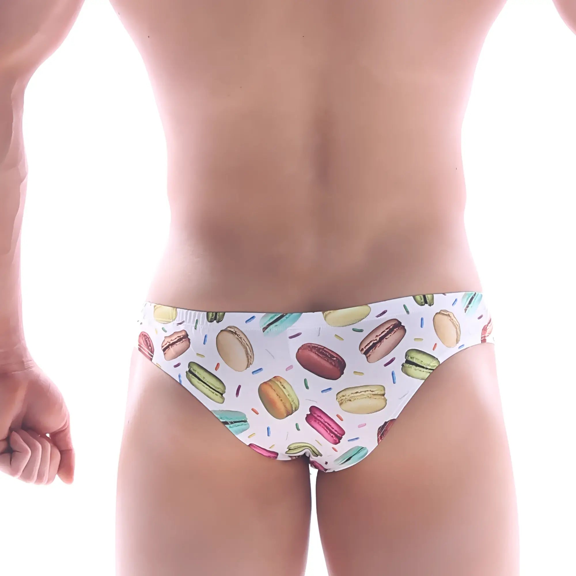White swim trunks with a colorful macaron and sprinkles pattern metro malewear capri bikini 6103-32