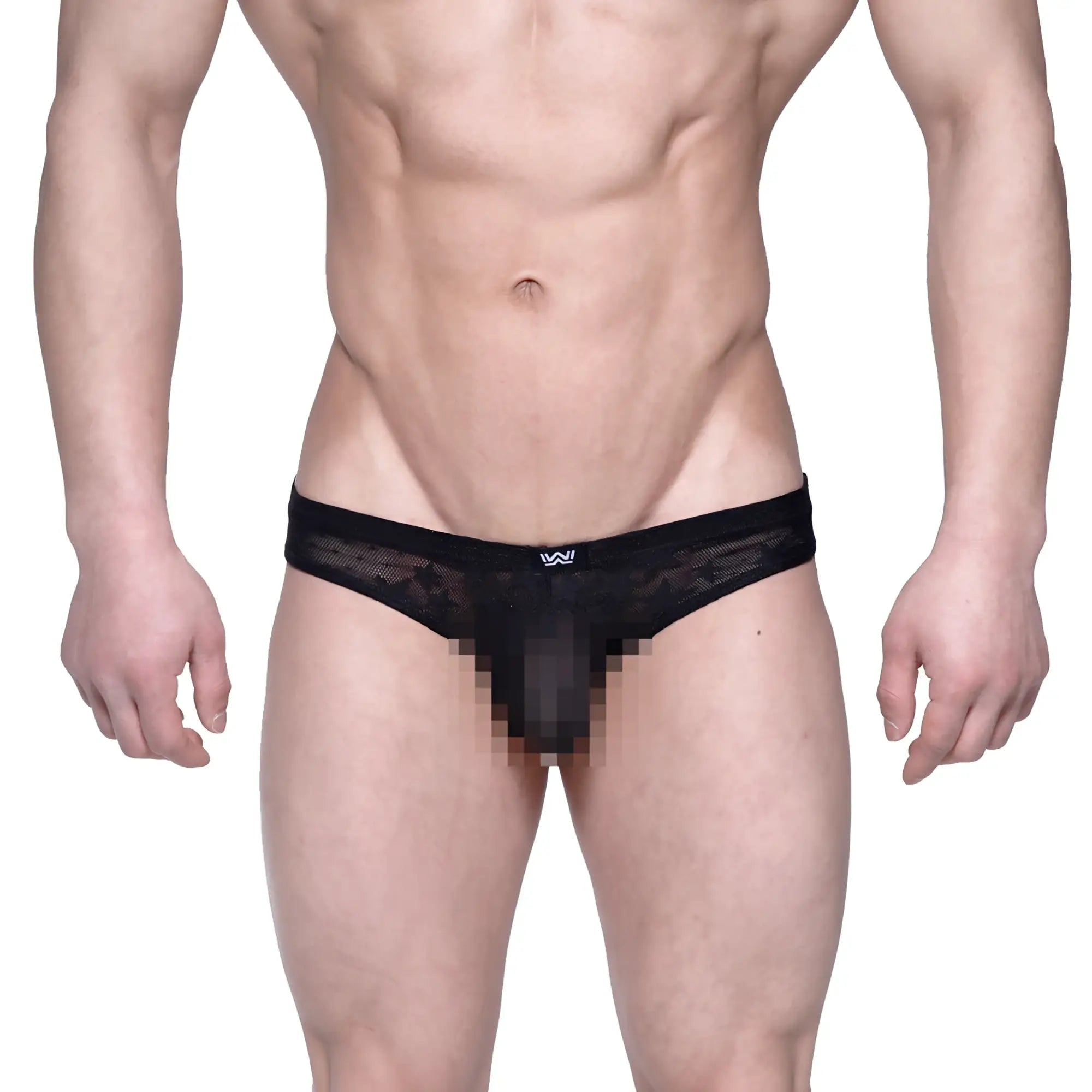 MetroMaleWear Capri bikini star black lace thong with subtle mesh texture and white logo on waistband back side view